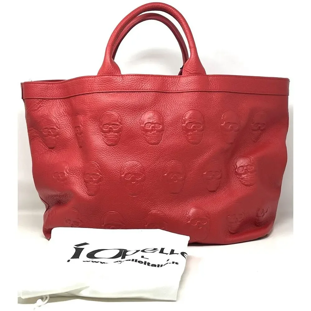 IO PELLE Italia Skull Embossed RED Leather Tote Bag XL Weekender Crossbody Strap